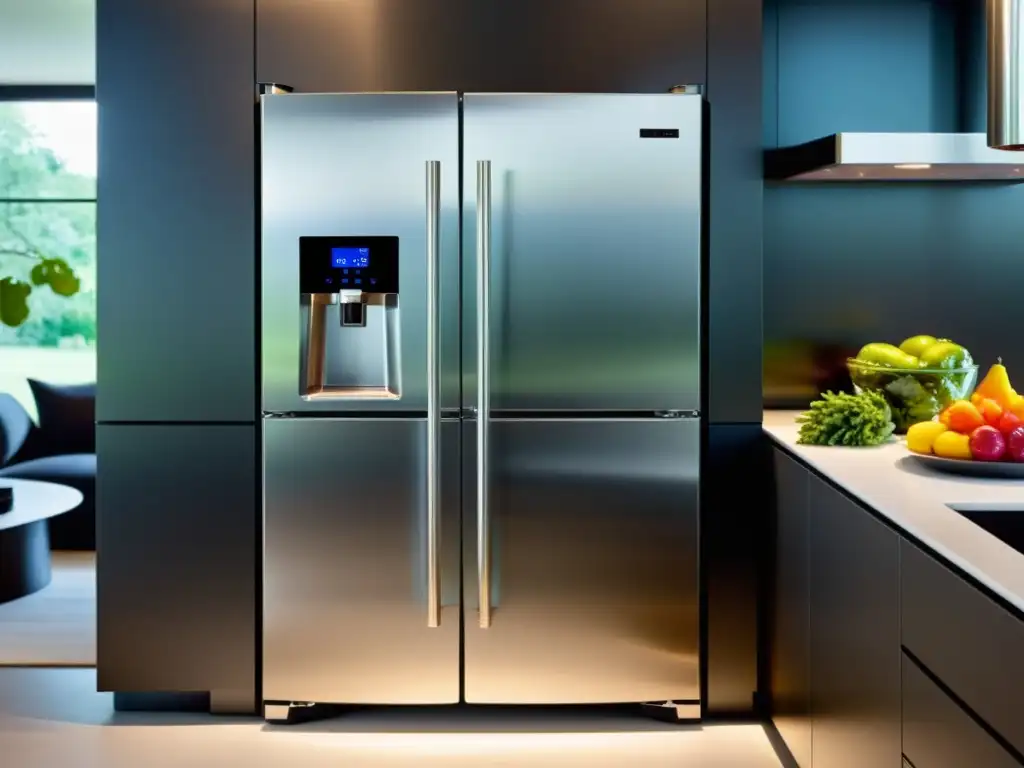 Un elegante refrigerador de acero inoxidable con puertas francesas y pantalla digital, repleto de frutas y verduras coloridas y organizadas