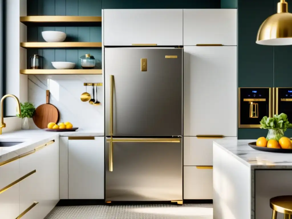 Un elegante refrigerador de acero inoxidable con pantalla integrada y controles táctiles, en una cocina minimalista con toques retro y contemporáneos