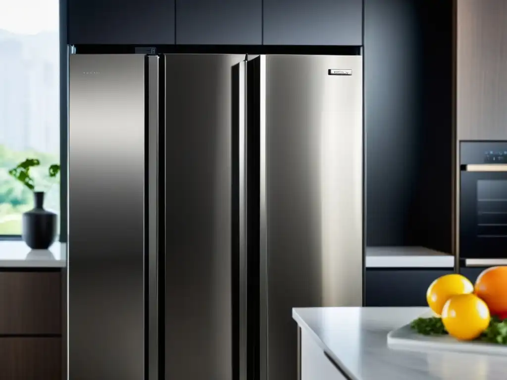 Un elegante refrigerador de acero inoxidable negro en una cocina contemporánea con influencia electrodomésticos texturas hogar