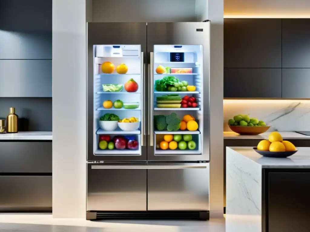 Un elegante refrigerador de acero inoxidable con puerta de vidrio, exhibiendo alimentos organizados y frescos