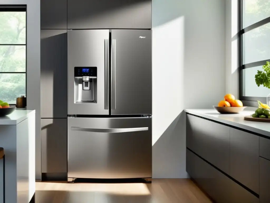 Un elegante refrigerador francés inteligente Whirlpool con acabado de acero inoxidable y panel táctil LED