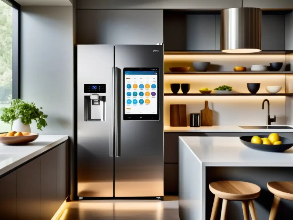 Un elegante refrigerador inteligente de alta tecnología en una cocina contemporánea con apps y funciones modernas