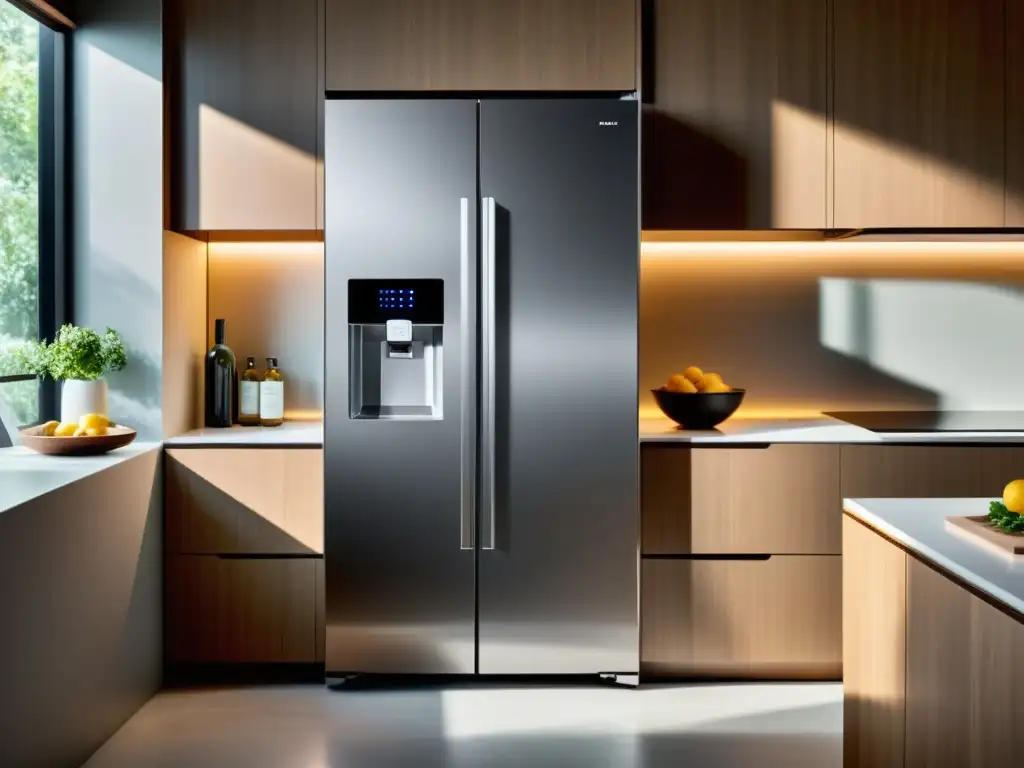 Un elegante refrigerador inteligente en una cocina moderna, con pantalla táctil y funciones inteligentes