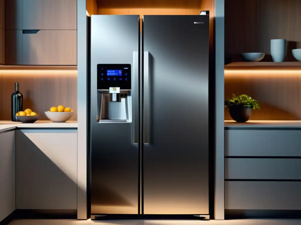 Un elegante refrigerador inteligente en una cocina contemporánea, resolviendo problemas con electrodomésticos inteligentes