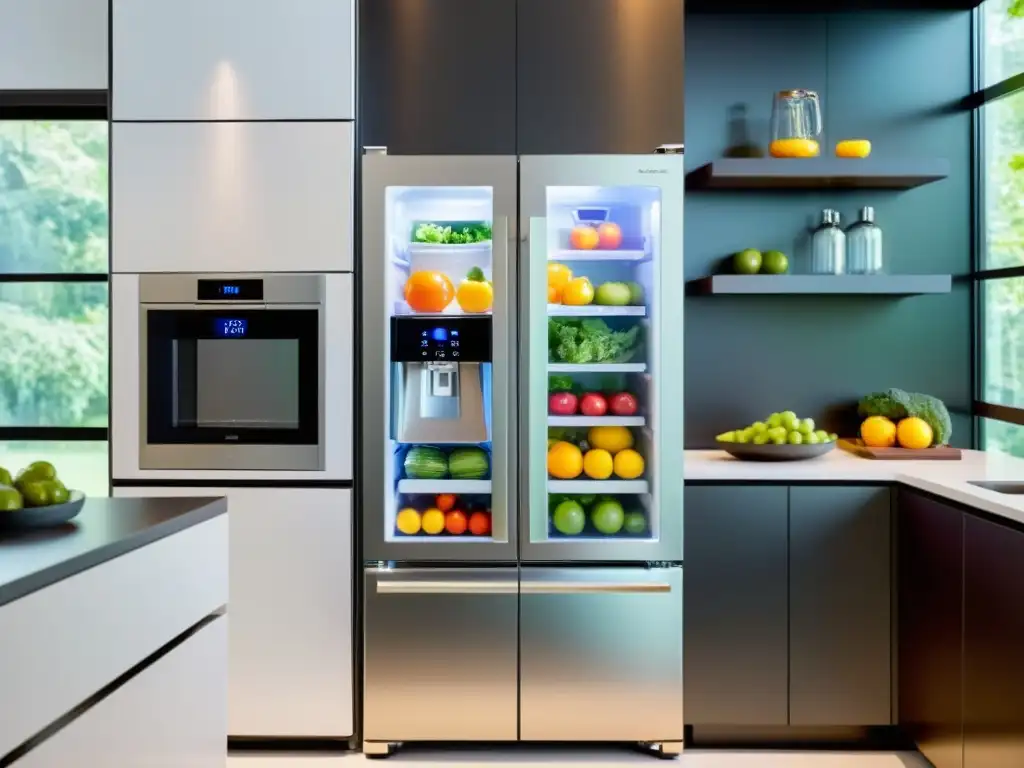 Un elegante refrigerador inteligente con frutas, verduras y bebidas organizadas, en una cocina sofisticada