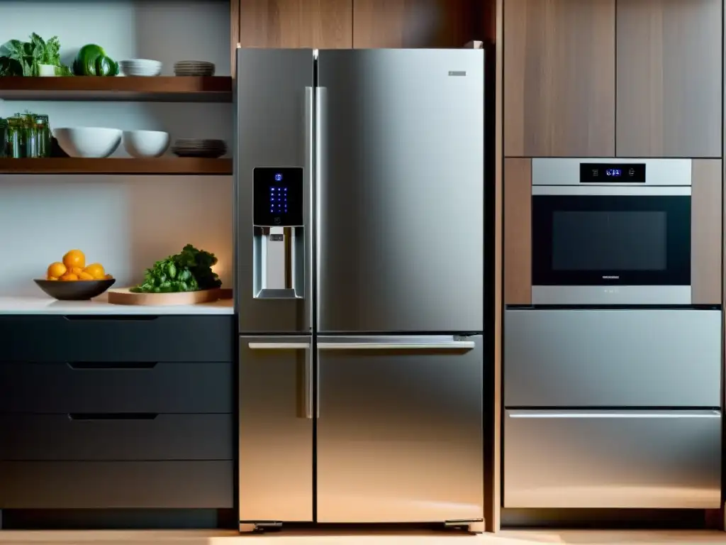 Un elegante refrigerador inteligente integrado en una cocina minimalista con tecnología de vanguardia, iluminación suave y ambiente acogedor