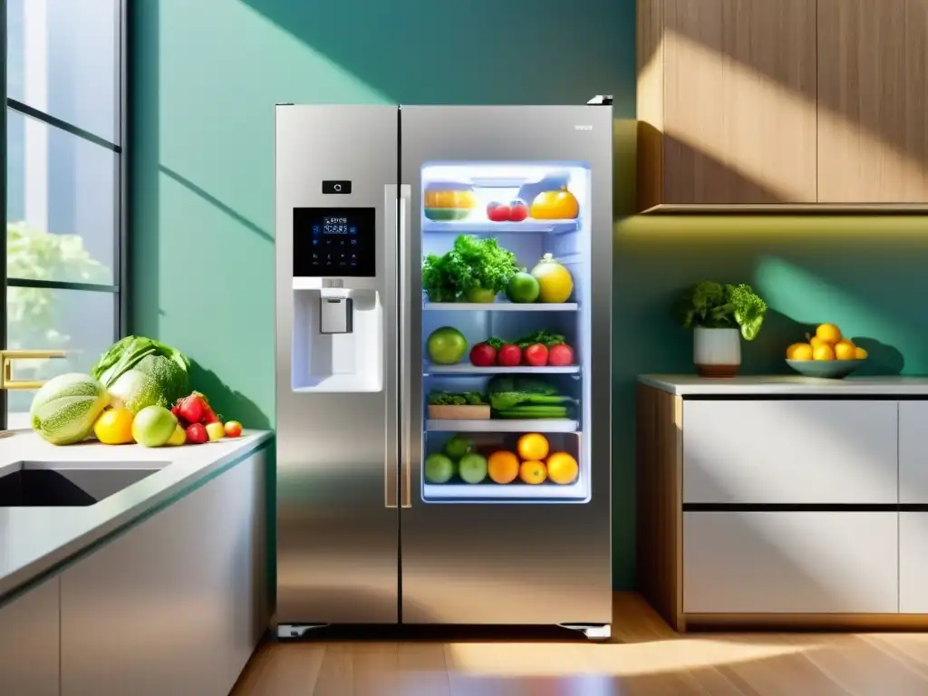 Un elegante refrigerador inteligente con puerta de vidrio, frutas y verduras coloridas, pantalla LED y cocina sostenible