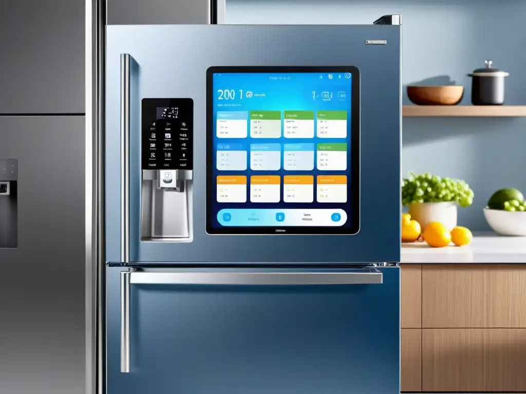 Un elegante refrigerador moderno con pantalla táctil, iluminada con suave luz azul