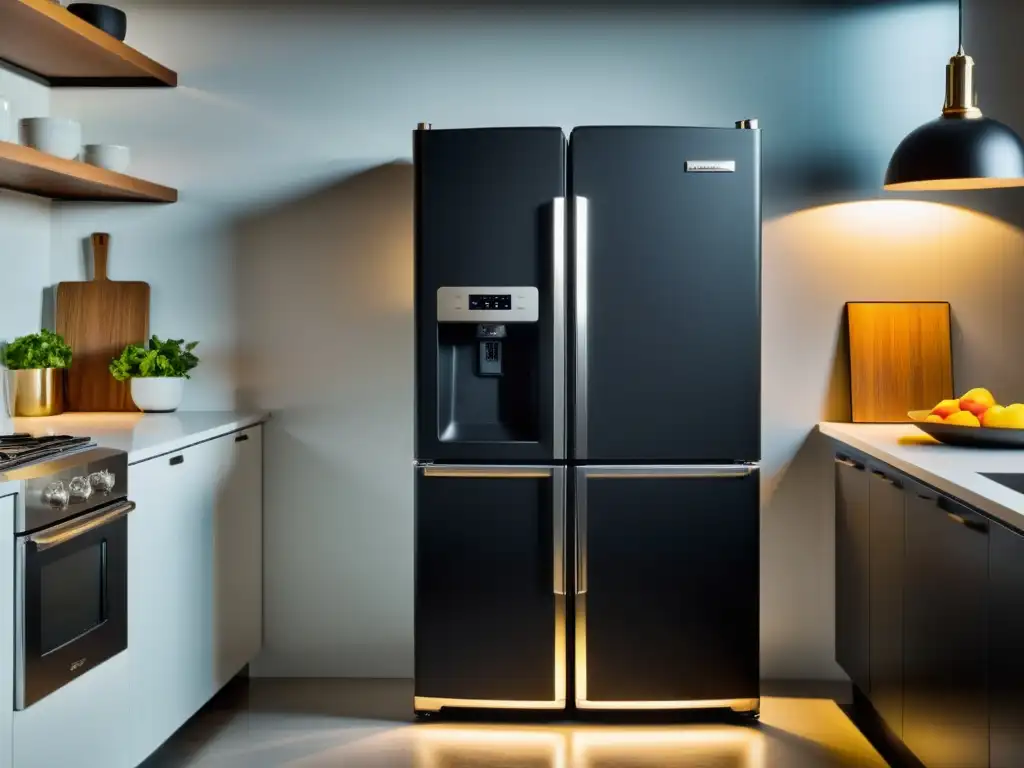 Un elegante refrigerador negro mate de diseño retro en una cocina minimalista