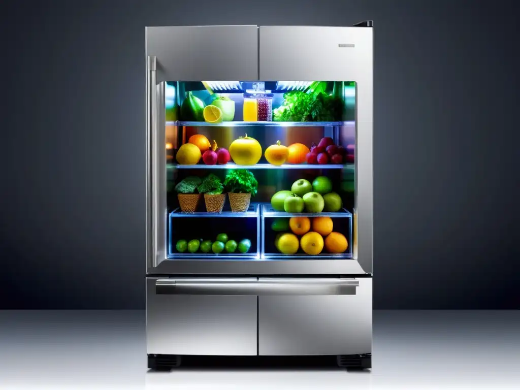 Un elegante refrigerador plateado inteligente con puerta de vidrio, exhibiendo frutas, verduras y bebidas organizadas