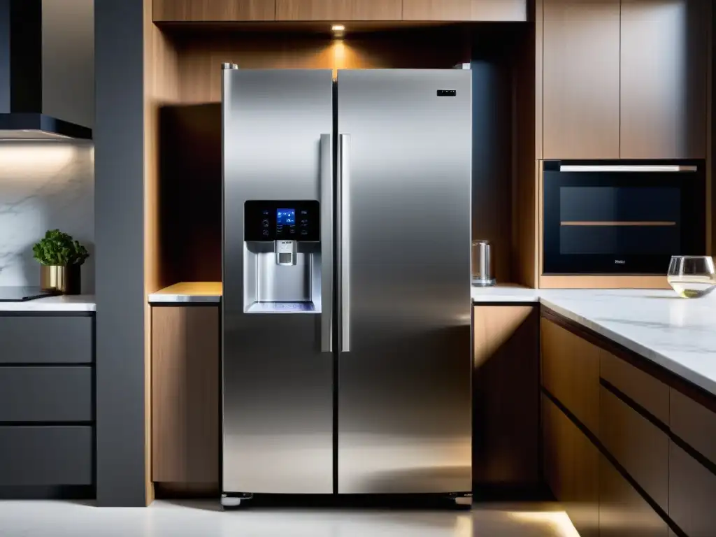 Un elegante refrigerador con sistema de filtros de agua integrados beneficios, en un ambiente de cocina contemporáneo y luminoso