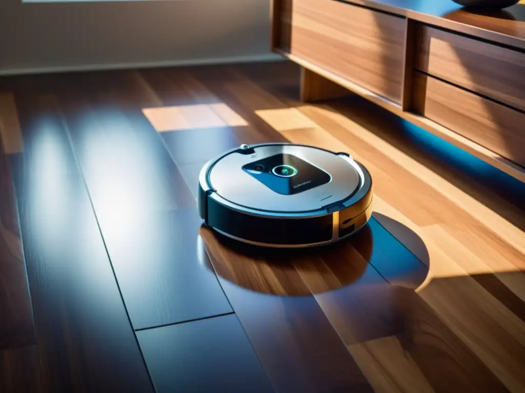 Un elegante robot aspirador autónomo deslizándose sin esfuerzo sobre un suelo de madera pulido, con sensores mapeando la habitación con precisión, mientras una suave luz ambiental emana desde su panel de control