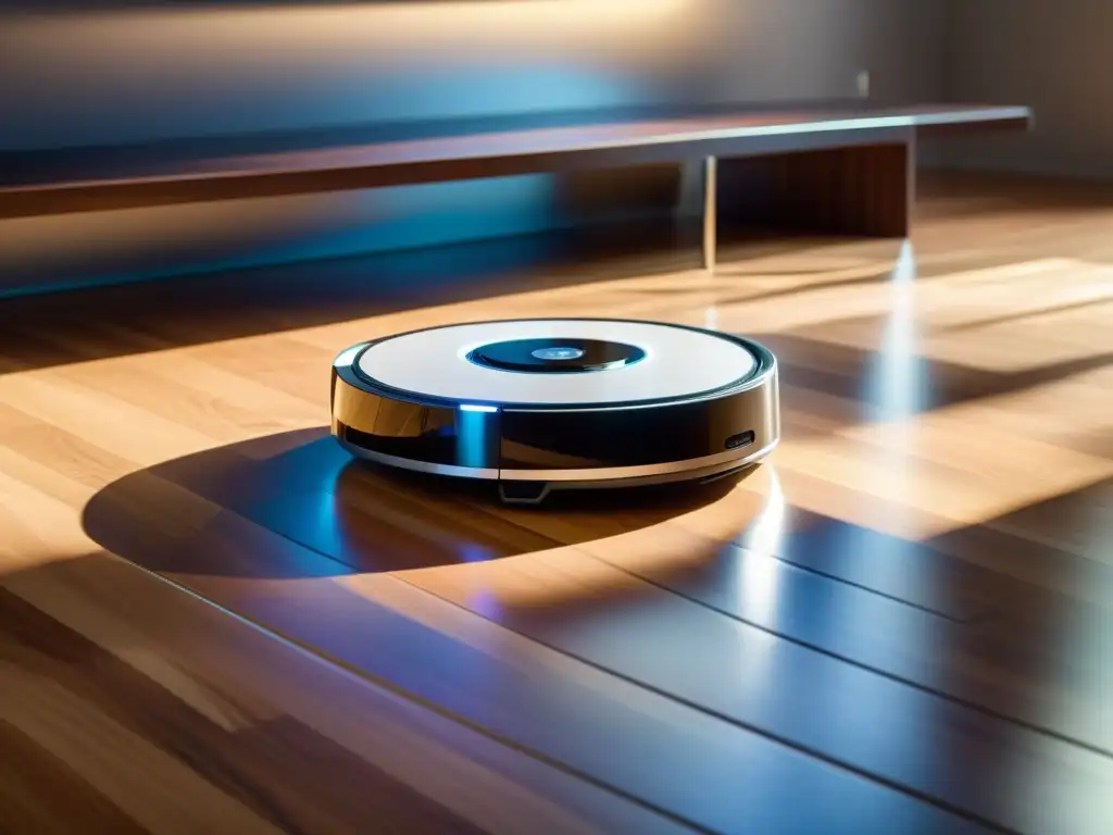 Un elegante robot aspirador en un hogar conectado, deslizándose sin esfuerzo sobre un reluciente suelo de madera, con la suave luz ambiental creando dinámicas sombras a su alrededor