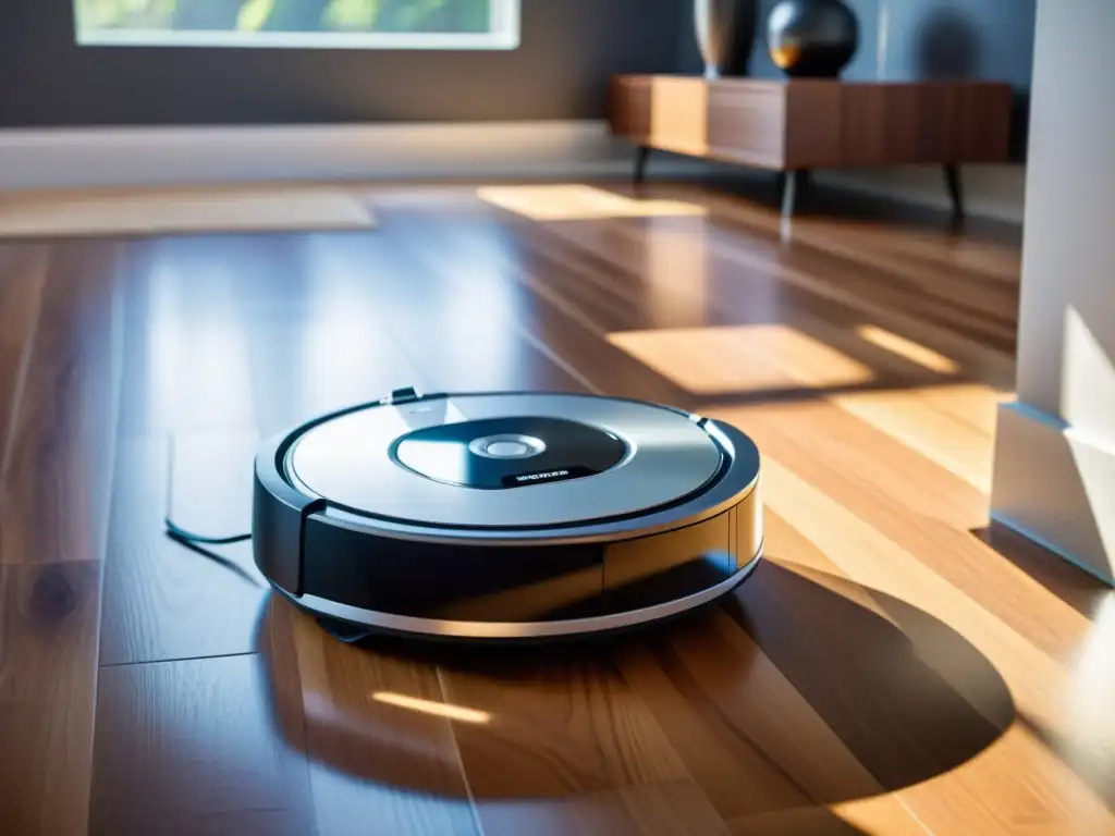 Un elegante robot aspirador moderno se desliza sin esfuerzo por el suelo de madera, con su pantalla LED iluminada mientras navega alrededor de los muebles