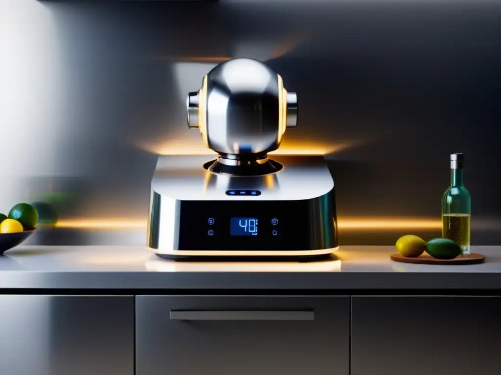 Un elegante robot de cocina electrodoméstico descansa en una encimera de cocina impecable, rodeado de electrodomésticos de acero inoxidable brillante