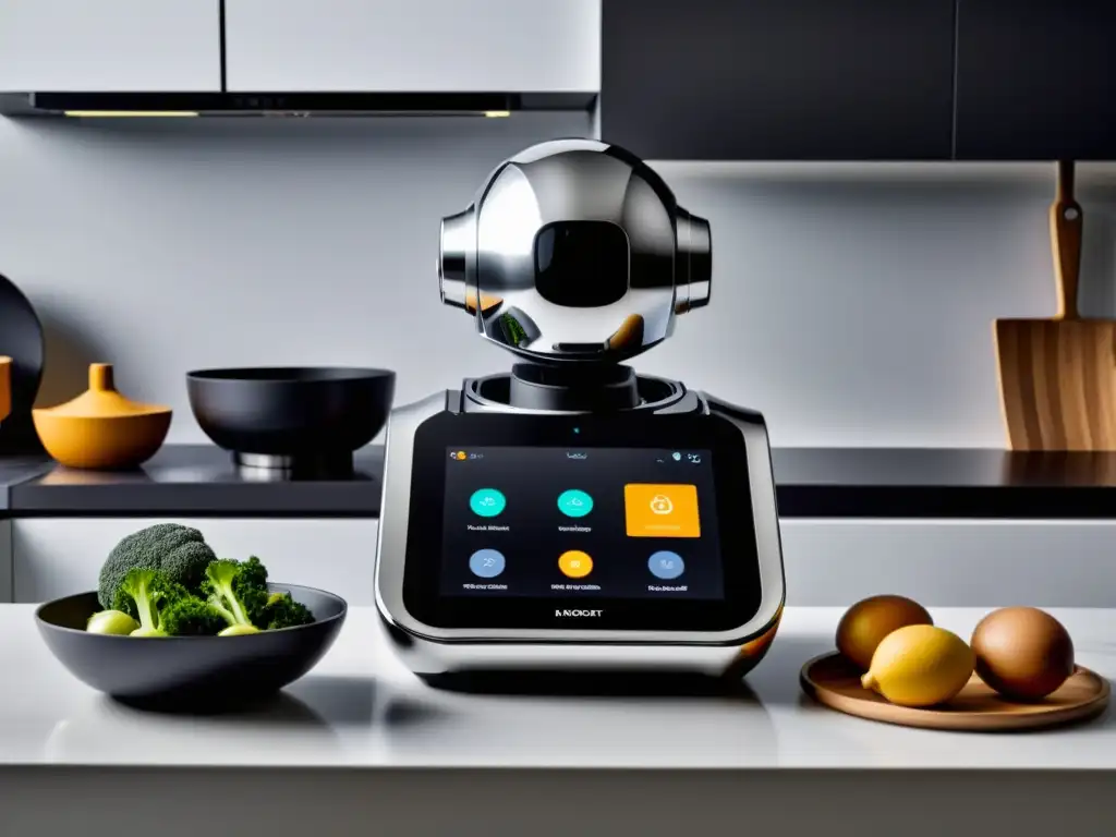 Un elegante robot de cocina del futuro en un entorno minimalista y futurista, con pantalla táctil de alta definición y acabado mate