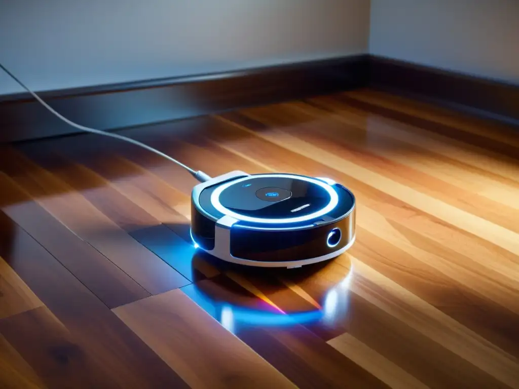 Un elegante robot limpiador QRS para hogar deslizándose sin esfuerzo sobre un suelo de madera brillante, iluminando el área con luces LED suaves mientras recoge el polvo y los desechos de manera eficiente