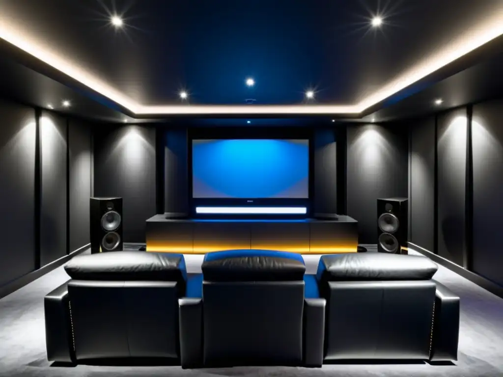 Una elegante sala de cine en casa con equipos de audio de alta gama, creando un espacio de entretenimiento lujoso y envolvente