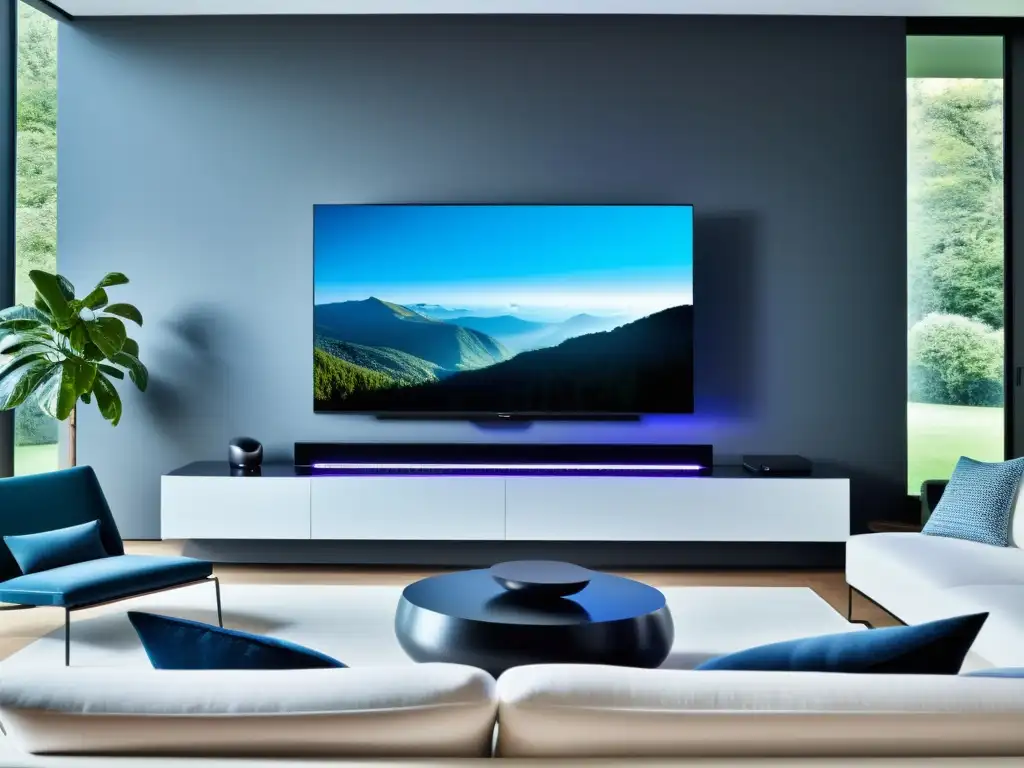 Una elegante sala de estar con los mejores sistemas de sonido inteligentes, TV de alta tecnología y un ambiente acogedor y sofisticado