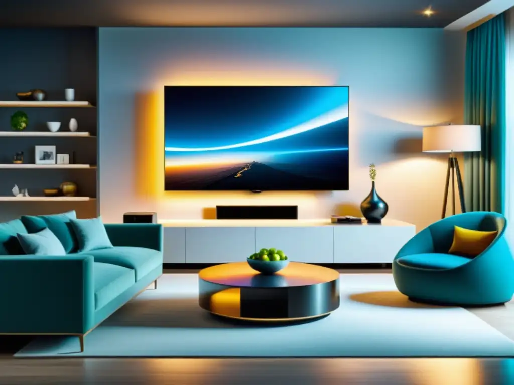 Una elegante sala de estar con Smart TV en la pared, clave para elegir Smart TV