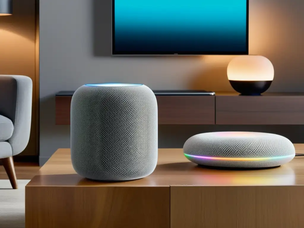 Un elegante salón moderno con un elegante Apple HomePod en una mesa de café minimalista, rodeado de muebles mullidos y una cálida iluminación