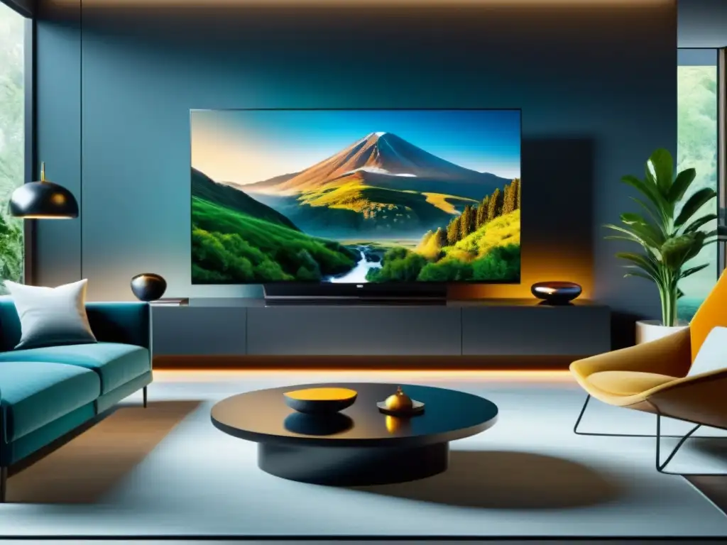 Un elegante salón moderno con una gran Smart TV 8K montada en la pared, mostrando una escena natural detallada y vibrante