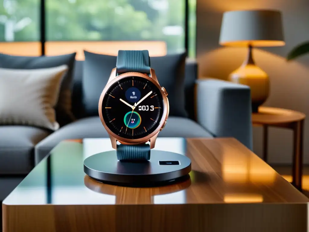 Un elegante salón moderno con Smartwatch Samsung Galaxy Watch para hogar en un ambiente sofisticado e integrado