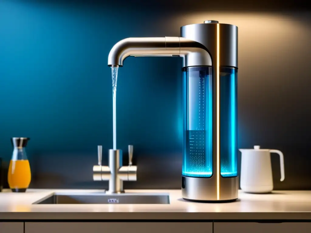 Un elegante sistema de filtración de agua con iluminación LED, perfecto para cocinas modernas