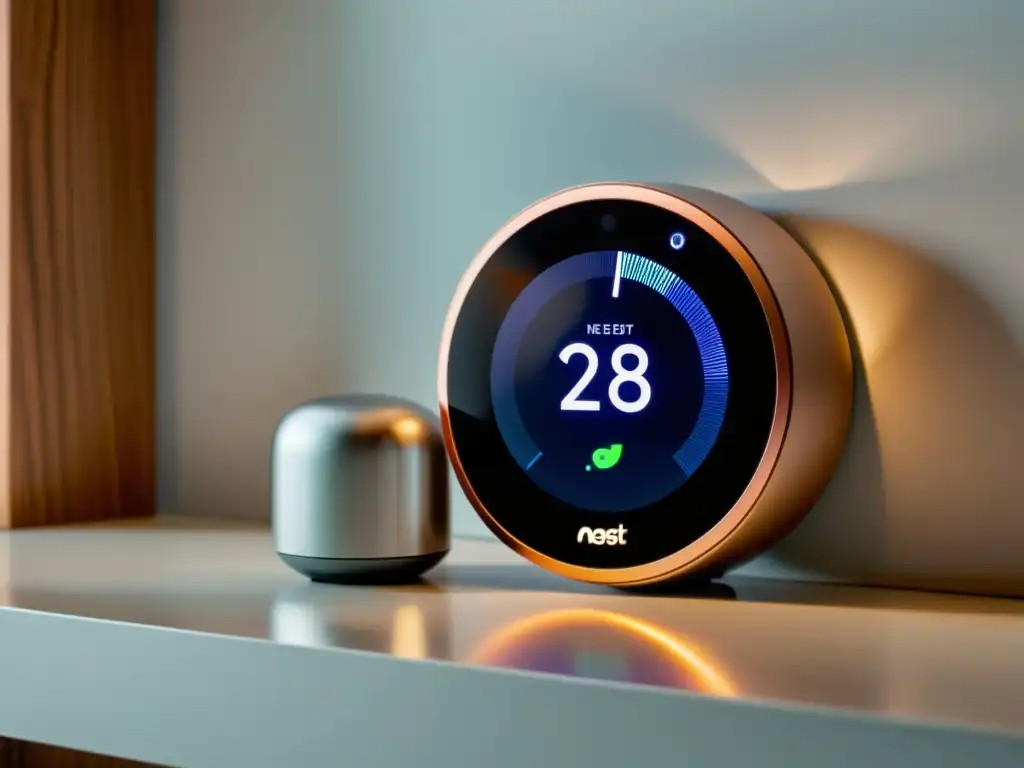 Un elegante sistema de seguridad doméstico Nest Secure en un ambiente minimalista y moderno, con iluminación suave resaltando su diseño contemporáneo