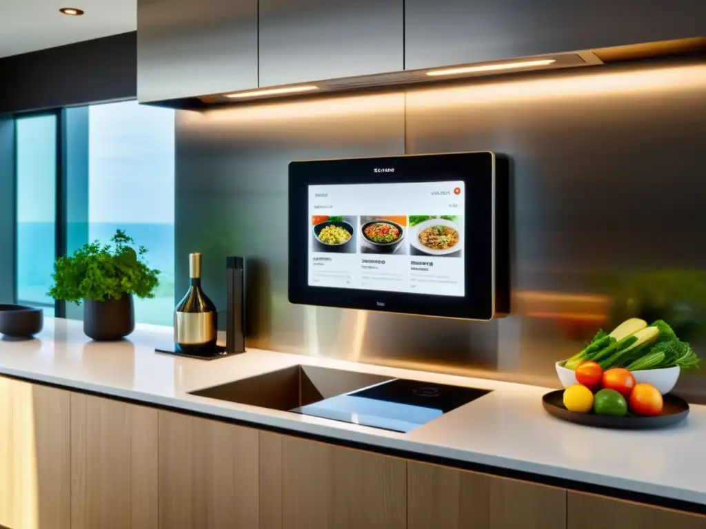 Un elegante smart display en una cocina moderna, mostrando una receta gourmet paso a paso