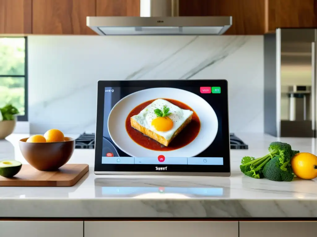 Un elegante smart display en una cocina moderna muestra una receta gourmet