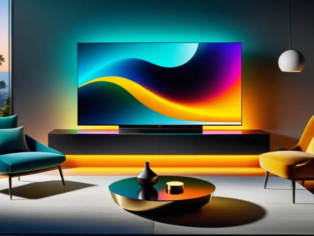 Un elegante televisor OLED 8K con un diseño minimalista montado en una sala de lujo, exudando sofisticación y tecnología de alta gama