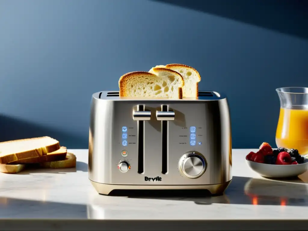 Un elegante tostador Breville Smart Toast en una encimera blanca, con pan artesanal, bayas frescas y café