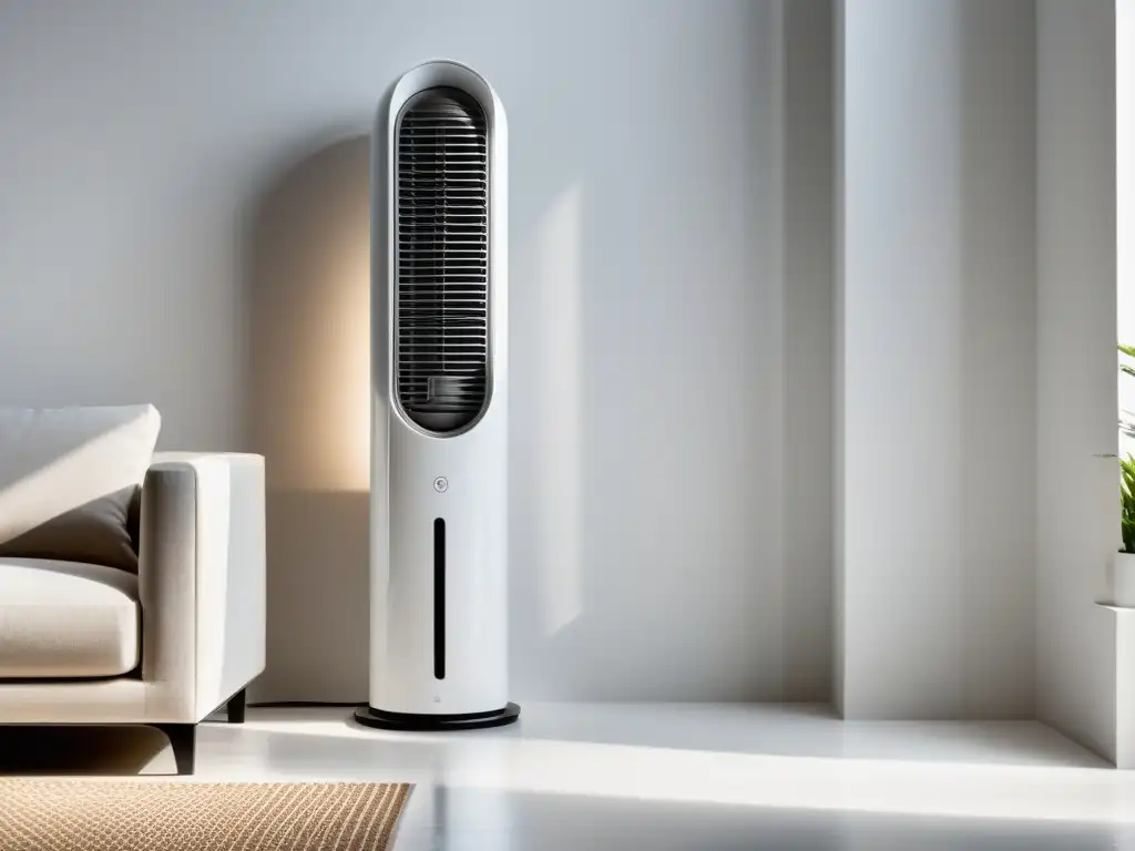 Un elegante ventilador sin aspas en una habitación blanca minimalista, añadiendo un toque de elegancia contemporánea al espacio