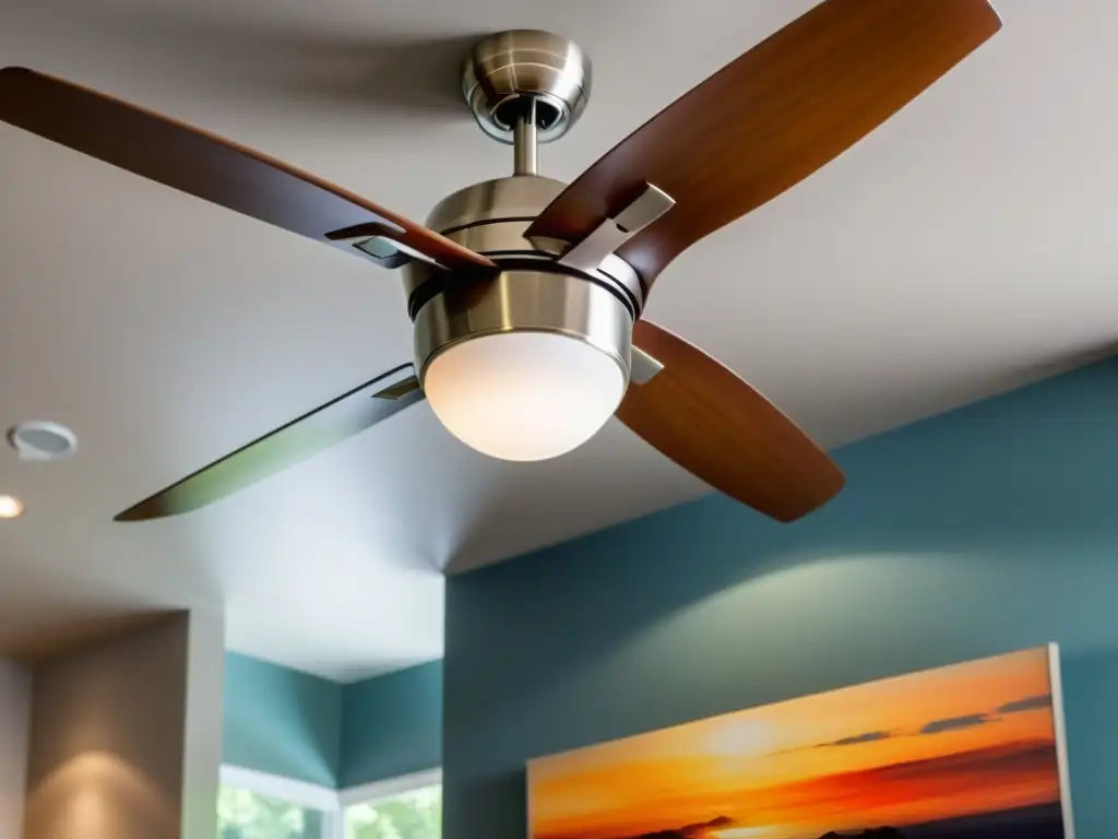 Un elegante ventilador de techo moderno con aspas de madera y acabado en níquel cepillado, creando un ambiente acogedor y tranquilo