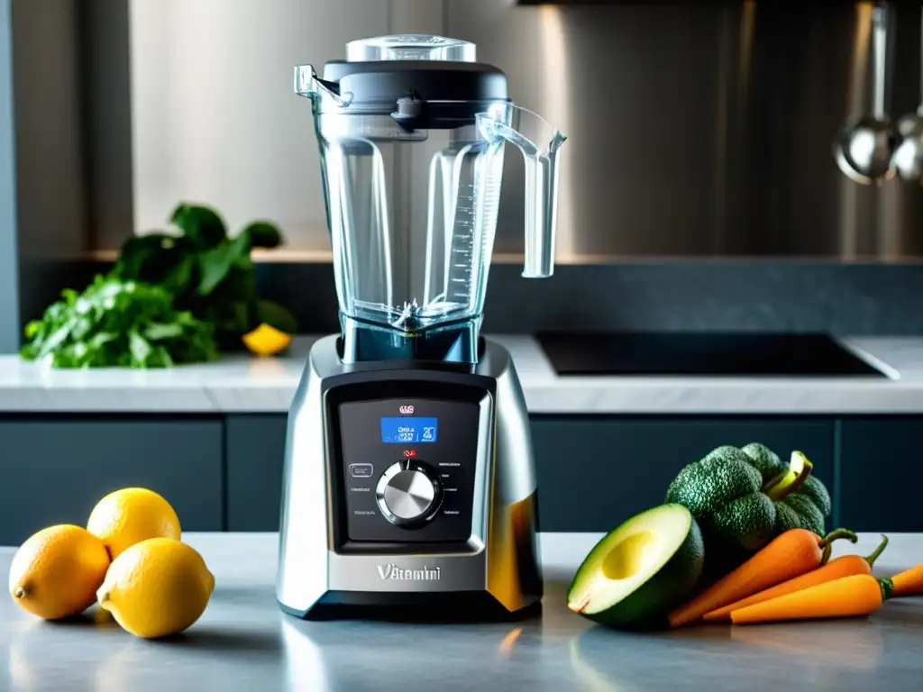 Una elegante Vitamix A3500 Ascent Series en una cocina chic, con control intuitivo y ajustes preprogramados para batidos