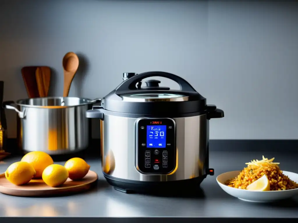 Una encimera de cocina moderna con electrodomésticos multifuncionales para cocineros ocupados, exudando eficiencia y modernidad