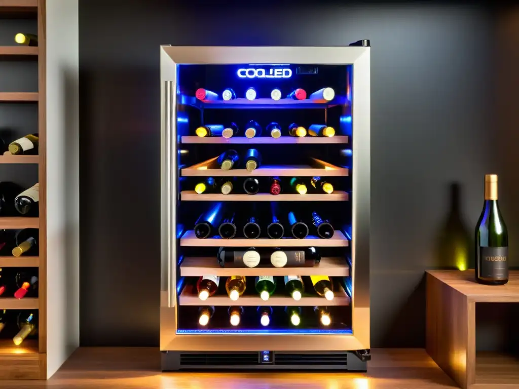 Enfriador de vino para colección: ambiente sofisticado con botellas de vino perfectamente organizadas en estantes de madera, iluminadas por LED suave