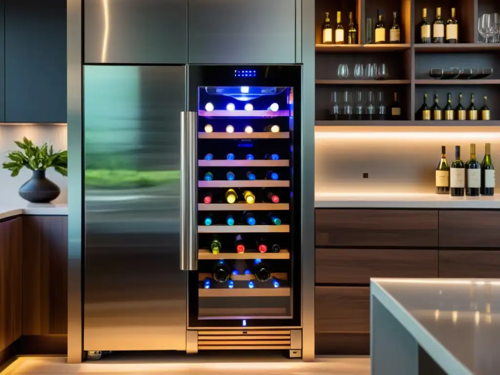 Enfriador de vino para colección en cocina contemporánea, iluminación LED, estantes de madera y pantalla digital de temperatura