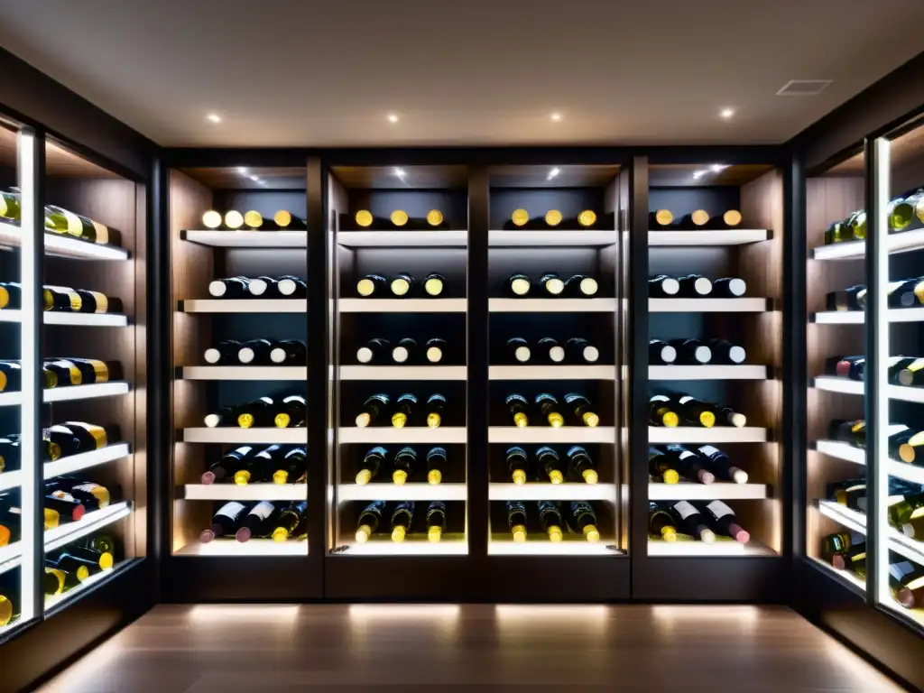 Enfriador de vino para colección: Elegante bodega con paredes de vidrio, botellas de vino ordenadas y luz ambiental