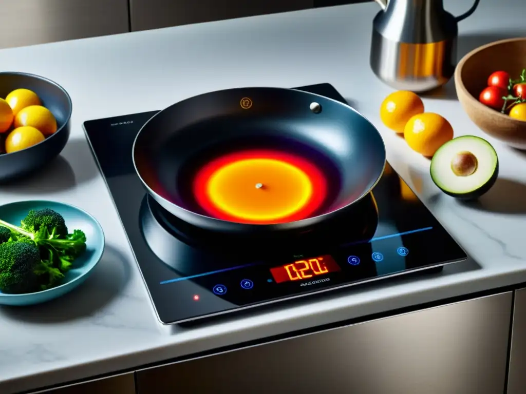 Un entorno de cocina moderna con tecnología de inducción, eficiencia energética y vibrantes ingredientes sizzling en la sartén