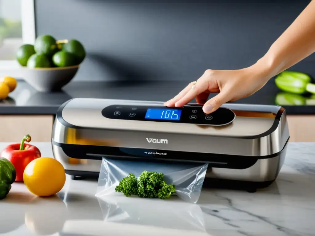 Una envasadora al vacío doméstica moderna y elegante preservando alimentos frescos en una cocina contemporánea bien organizada