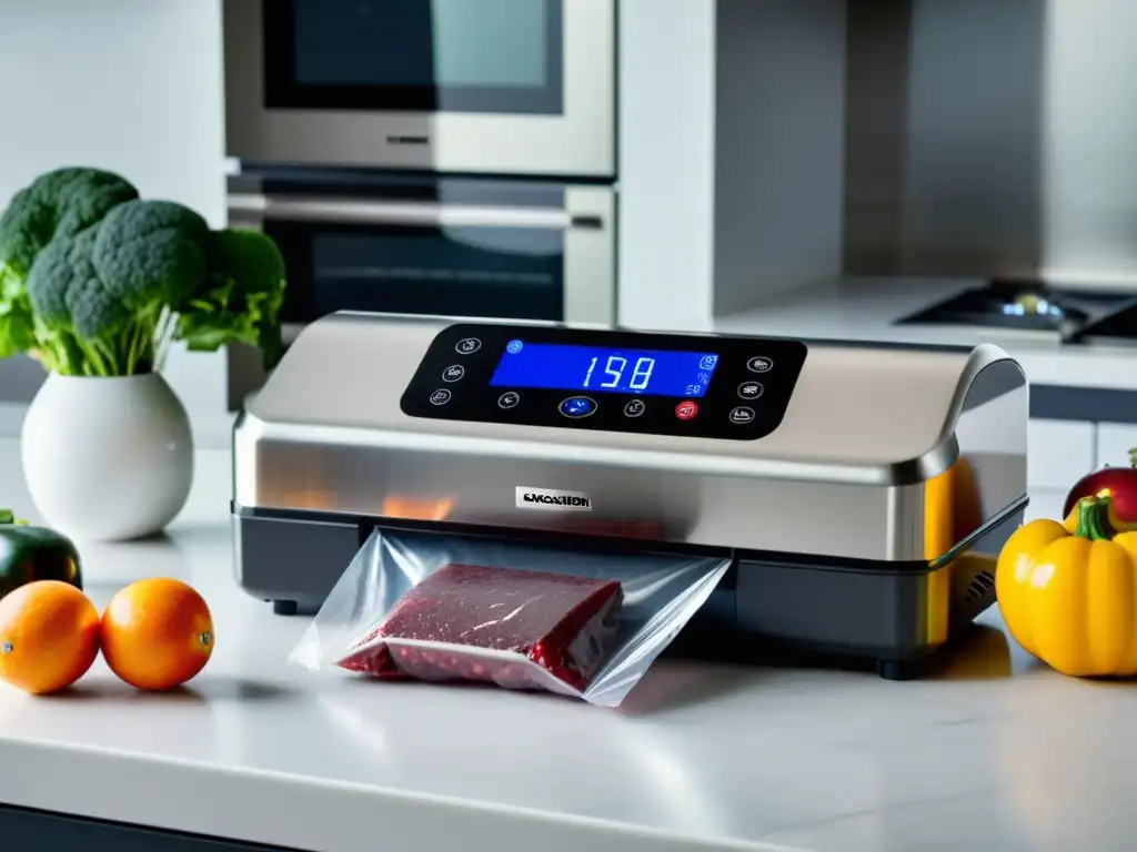 Una envasadora al vacío doméstica moderna y elegante en una cocina ordenada, sellando alimentos frescos en bolsas al vacío