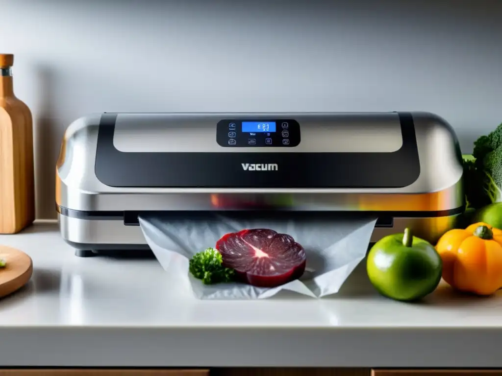 Una envasadora al vacío doméstica plateada en acción en una encimera de cocina, sellando bolsas de comida fresca