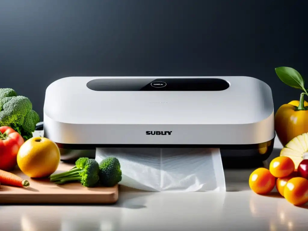 Una envasadora al vacío moderna en una elegante cocina, junto a alimentos frescos y bolsas selladas