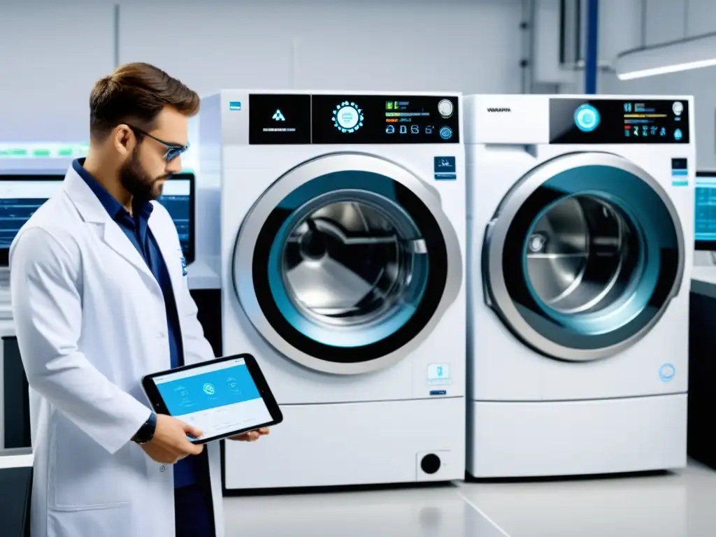 Equipo de alta tecnología monitorea rendimiento de lavadora en laboratorio blanco, tecnología de mantenimiento predictivo electrodomésticos