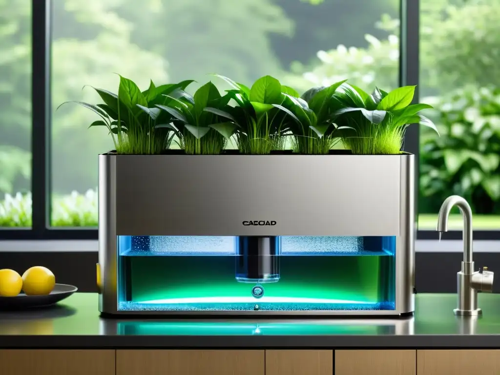 Equipo de filtración de agua moderno con diseño elegante de acero inoxidable y cámaras transparentes, rodeado de vegetación vibrante y agua cascada