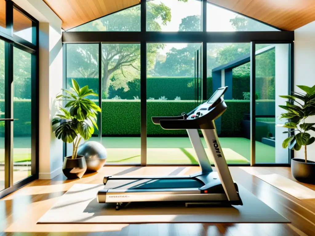 Equipo de gimnasio moderno en casa con vistas a un jardín exuberante