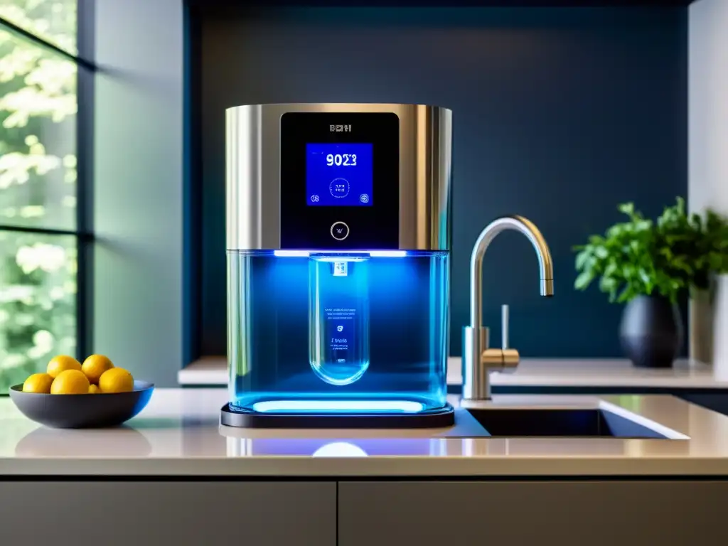 Equipo moderno de filtración de agua con diseño elegante e iluminación ambiental, integrado en una cocina, con pantalla digital y depósito de agua