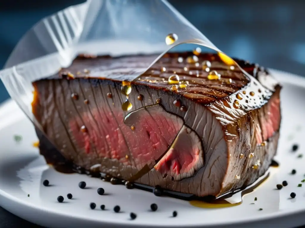 Un equipo Sous Vide moderno muestra un suculento filete cocido al vacío en baño de agua